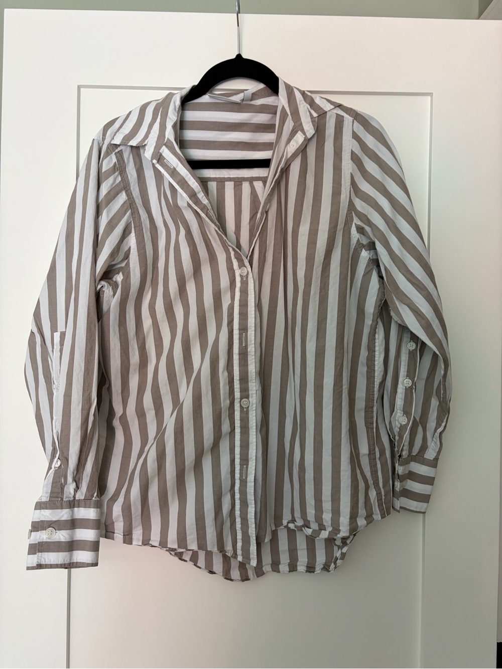 Weekday Oversized Striped Button-Up Shirt in Taupey Gray and White